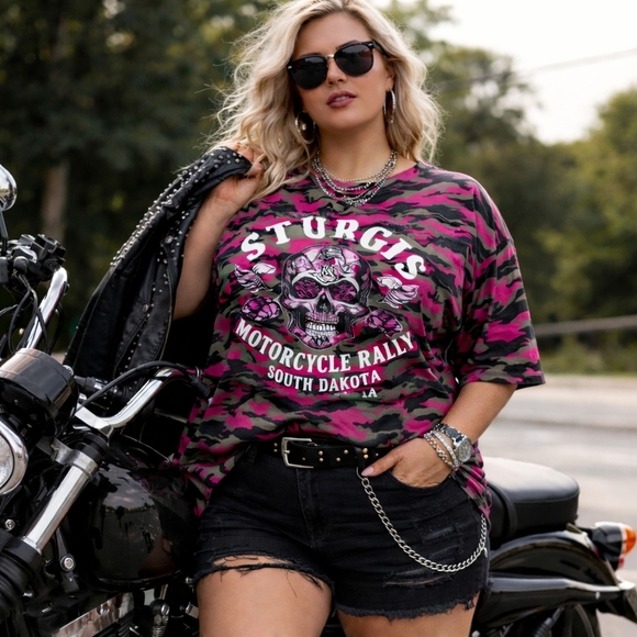 Tops - New Sturgis 75th Anniversary Pink Camo Skull Graphic Plus Size T-Shirt 2XL Tee